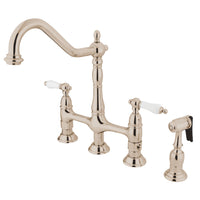 Thumbnail for Kingston Brass KS1276PLBS Heritage Bridge Kitchen Faucet with Brass Sprayer, Polished Nickel - BNGBath