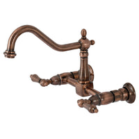 Thumbnail for Kingston Brass KS124ALAC Heritage Two-Handle Wall Mount Bridge Kitchen Faucet, Antique Copper - BNGBath