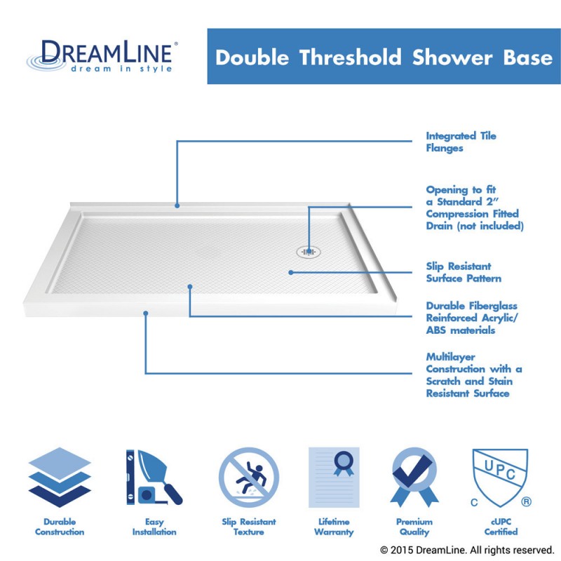 DreamLine SlimLine 36 x 54 Double Threshold Shower Base in White - BNGBath