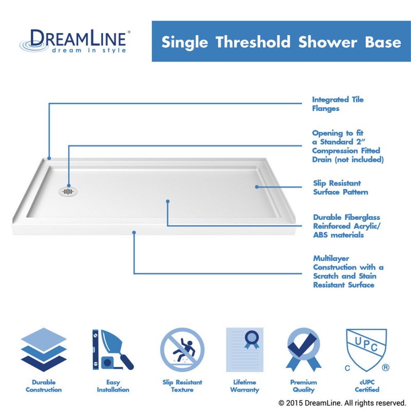 DreamLine SlimLine 30 x 60  x 2 3/4 in. H Left Drain Single Threshold Shower Base - BNGBath