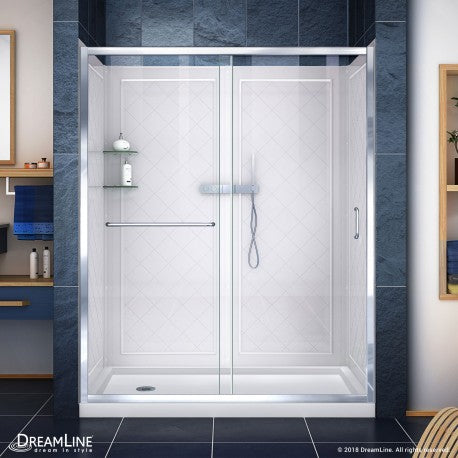 DreamLine Infinity-Z Clear Sliding Shower Door, Left Drain Base and Backwalls - BNGBath