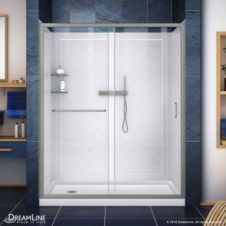 DreamLine Infinity-Z Clear Sliding Shower Door, Left Drain Base and Backwalls - BNGBath