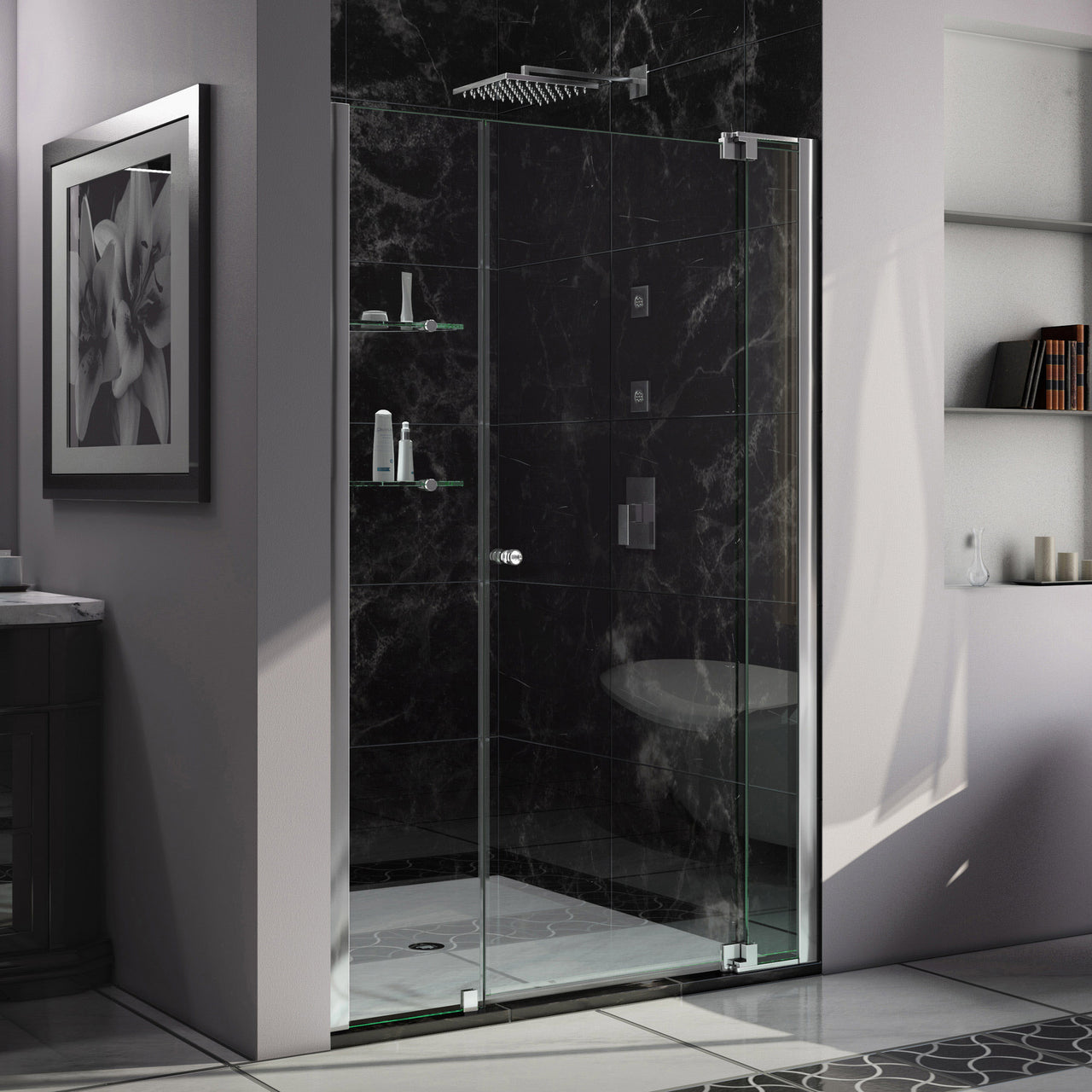 DreamLine Allure 48-49 in. W x 73 in. H Frameless Pivot Shower Door - BNGBath