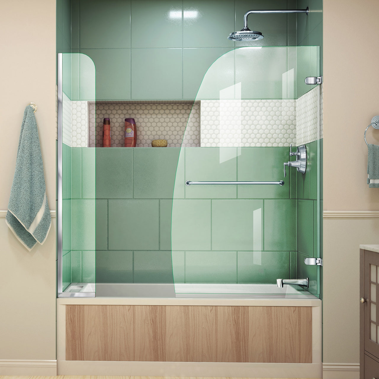 DreamLine Aqua Uno 56-60 in. W x 58 in. H Frameless Hinged Tub Door with Extender Panel - BNGBath