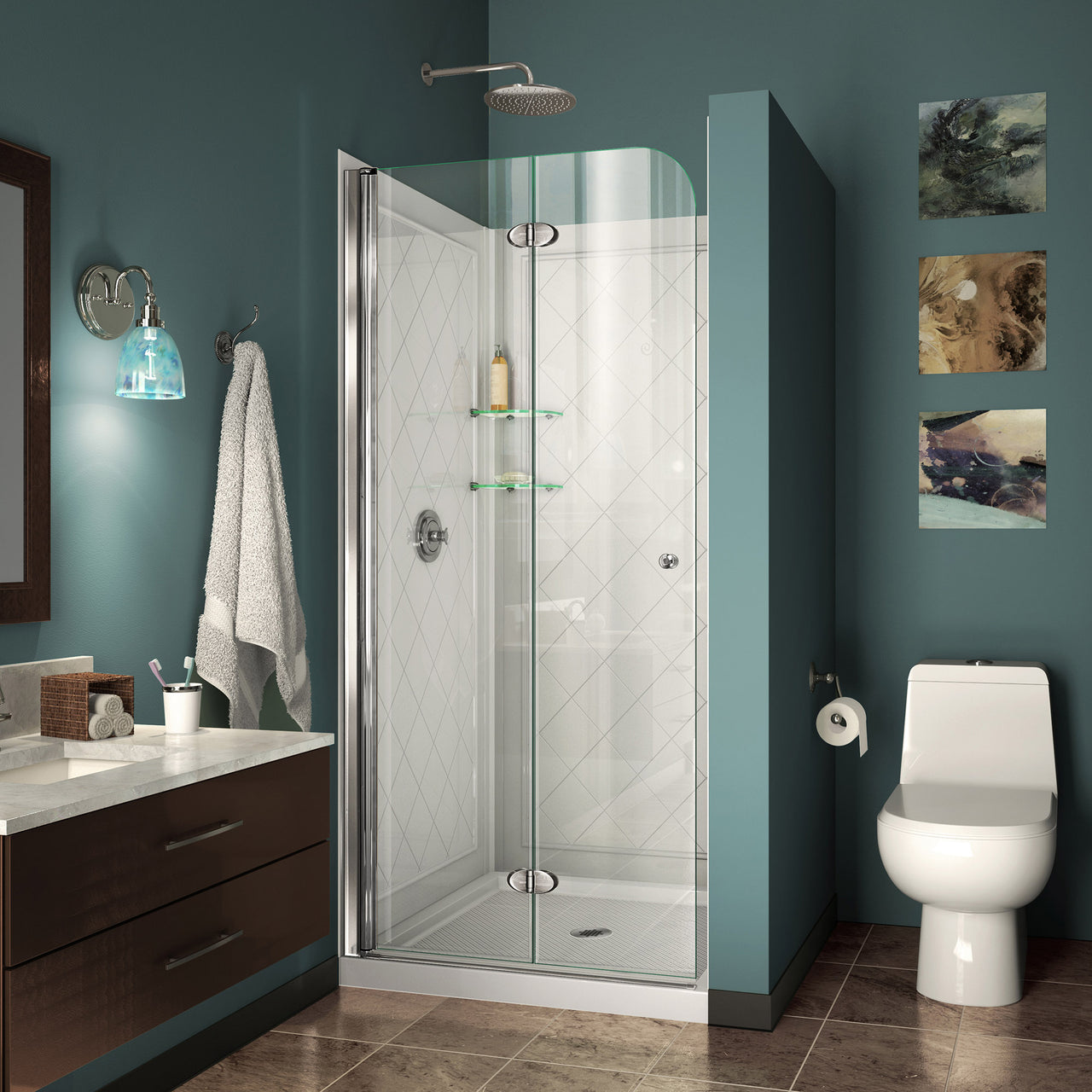 DreamLine Aqua Fold 36 in. D x 36 in. W x 76 3/4 in. H Frameless Bi-Fold Shower Door with Shower Base and QWALL-5 Shower Backwalls Kit - BNGBath