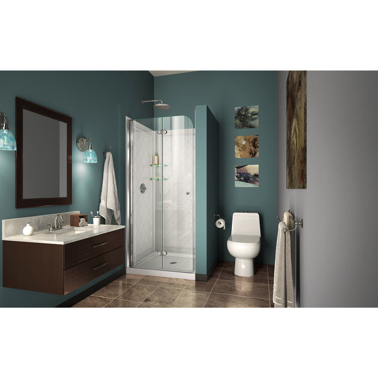 DreamLine Aqua Fold 36 in. D x 36 in. W x 76 3/4 in. H Frameless Bi-Fold Shower Door with Shower Base and QWALL-5 Shower Backwalls Kit - BNGBath