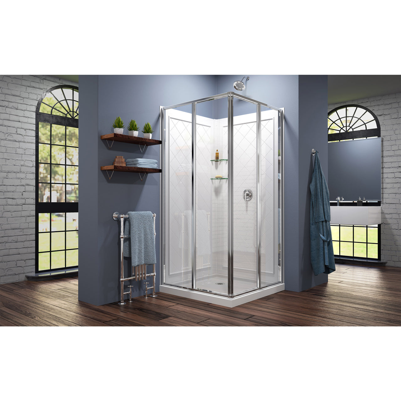 DreamLine Cornerview 36 in. D x 36 in. W x 76 3/4 in. H Framed Sliding Shower Enclosure, Shower Base and QWALL-4 Acrylic Backwall Kit - BNGBath