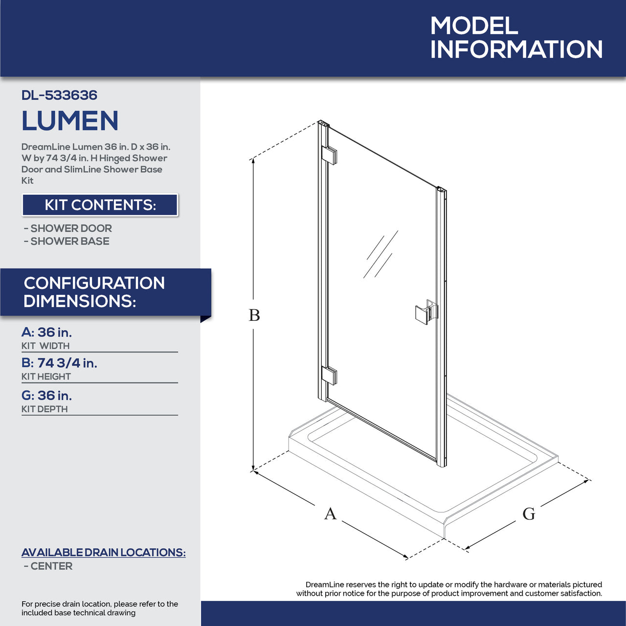 DreamLine Lumen 36 in. D x 36 in. W by 74 3/4 in. H Hinged Shower Door and Base Kit - BNGBath