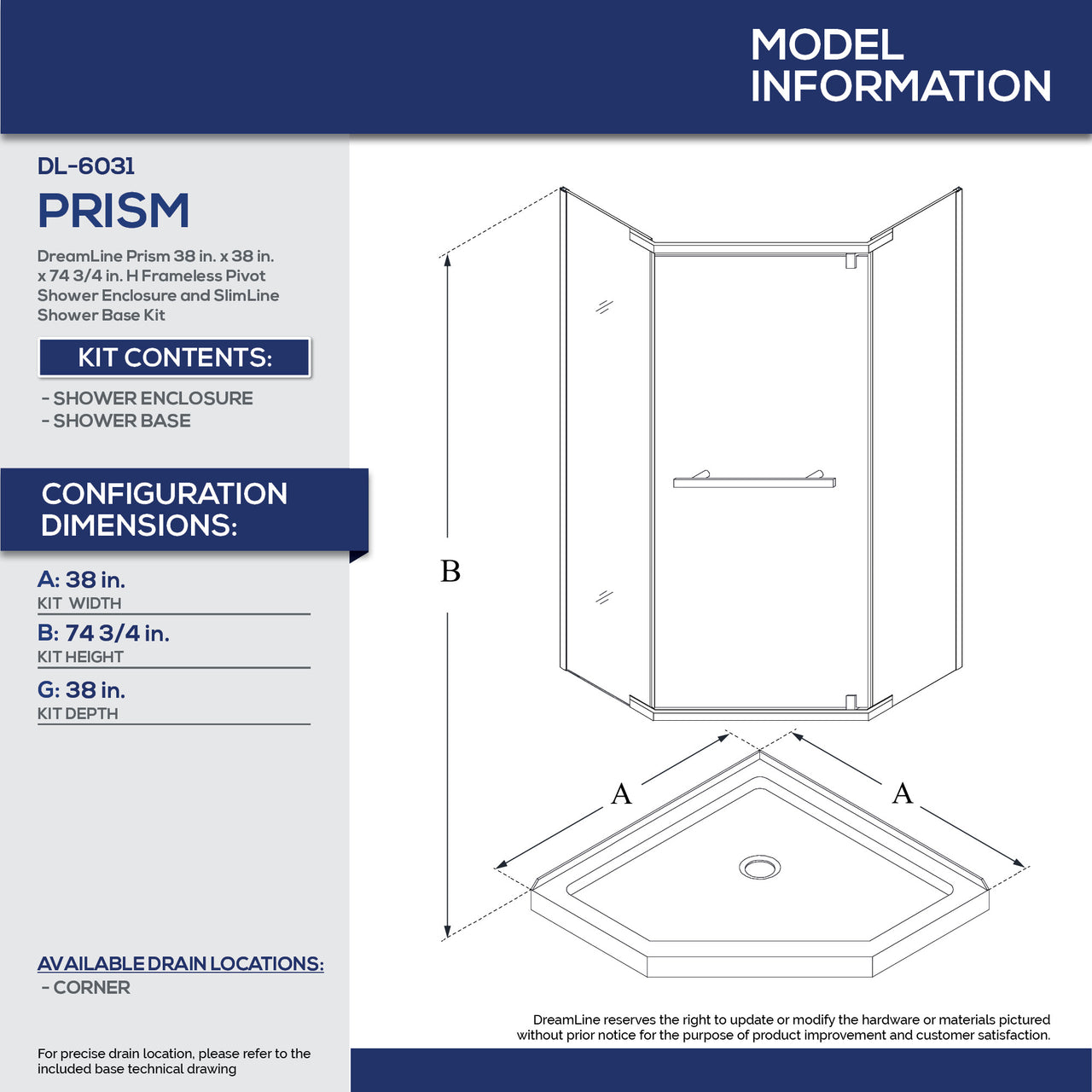 DreamLine Prism 38 in. x 38 in. x 74 3/4 in. H Frameless Pivot Shower Enclosure and SlimLine Shower Base Kit - BNGBath