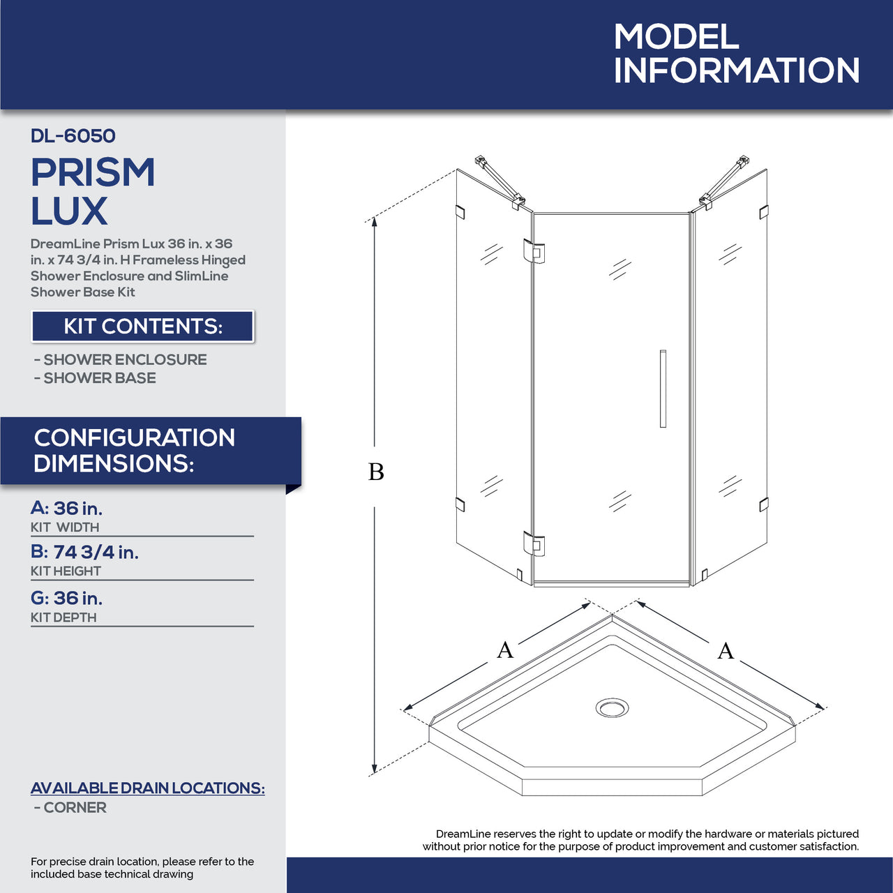 DreamLine Prism Lux 36 in. x 36 in. x 74 3/4 in. H Frameless Hinged Shower Enclosure and SlimLine Shower Base Kit - BNGBath