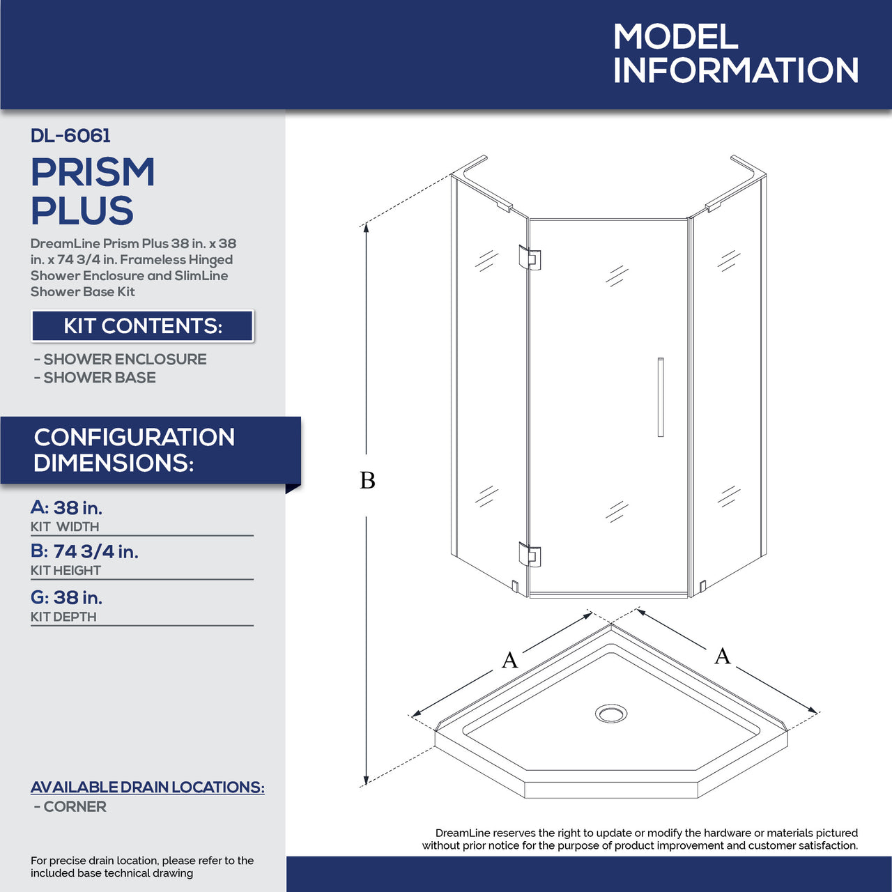 DreamLine Prism Plus 38 in. x 38 in. x 74 3/4 in. Frameless Hinged Shower Enclosure and SlimLine Shower Base Kit - BNGBath
