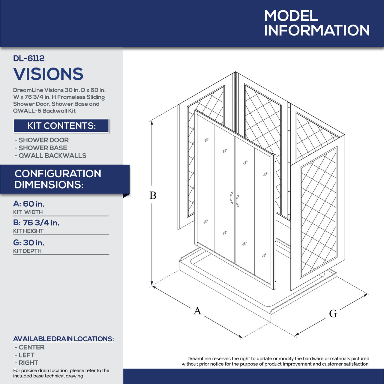 DreamLine Visions 30 in. D x 60 in. W x 76 3/4 in. H Semi-Frameless Sliding Shower Door, Shower Base and QWALL-5 Backwall Kit - BNGBath