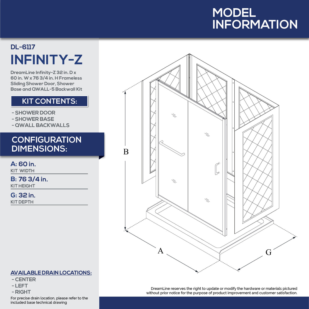 DreamLine Infinity-Z 32 in. D x 60 in. W x 76 3/4 in. H Semi-Frameless Sliding Shower Door, Shower Base and QWALL-5 Backwall Kit, Frosted Glass - BNGBath