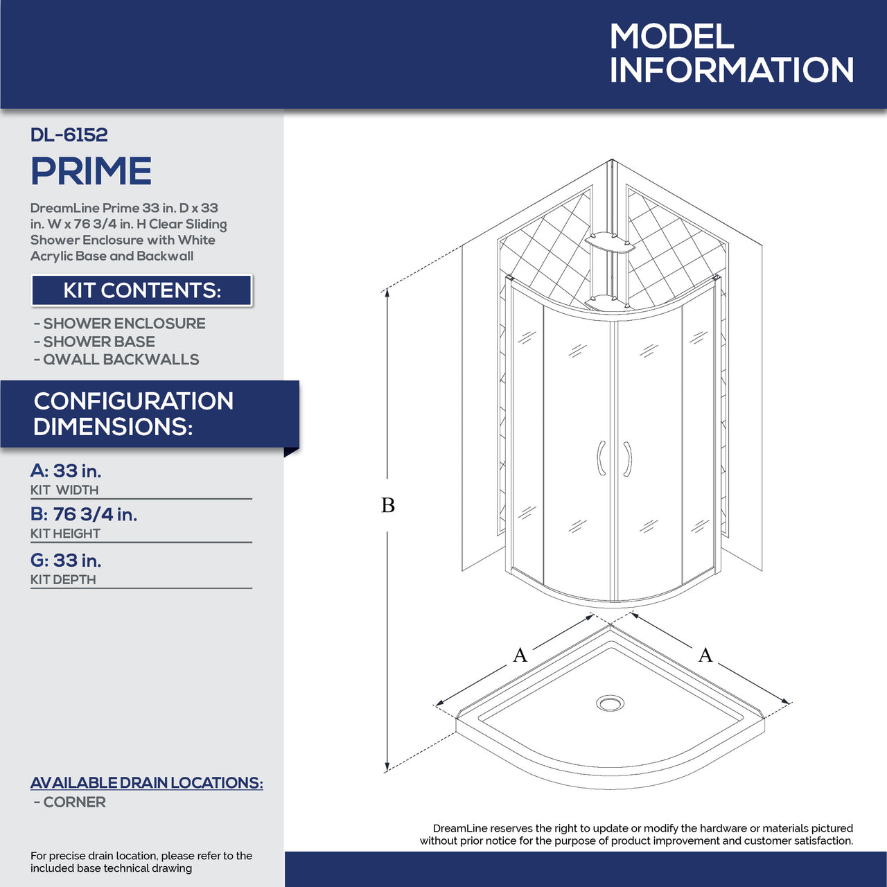 DreamLine Prime 33 in. x 33 in. x 76 3/4 in. H Sliding Shower Enclosure, Shower Base and QWALL-4 Acrylic Backwall Kit, Clear Glass - BNGBath