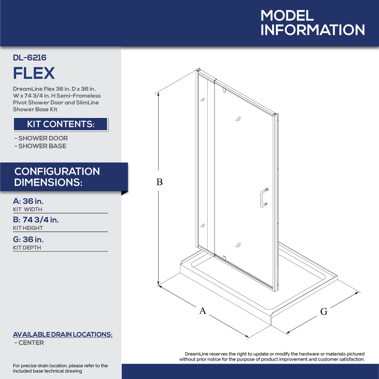 DreamLine Flex 36 in. D x 36 in. W x 74 3/4 in. H Semi-Frameless Pivot Shower Door and SlimLine Shower Base Kit - BNGBath