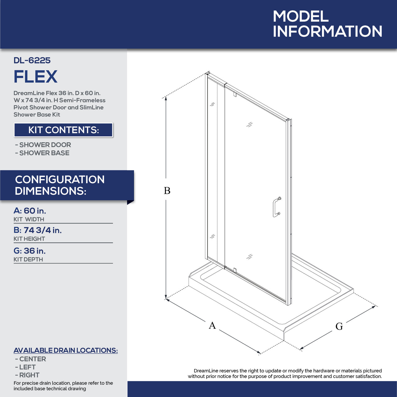 DreamLine Flex 36 in. D x 60 in. W x 74 3/4 in. H Semi-Frameless Pivot Shower Door and SlimLine Shower Base Kit - BNGBath