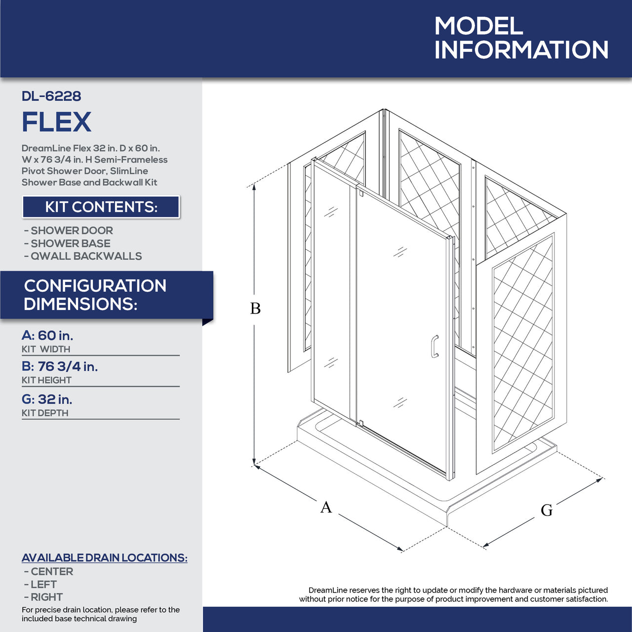 DreamLine Flex 32 in. D x 60 in. W x 76 3/4 in. H Semi-Frameless Pivot Shower Door, SlimLine Shower Base and Backwall Kit - BNGBath