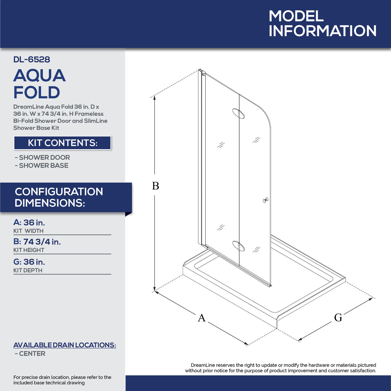 DreamLine Aqua Fold 36 in. D x 36 in. W x 74 3/4 in. H Frameless Bi-Fold Shower Door and SlimLine Shower Base Kit - BNGBath