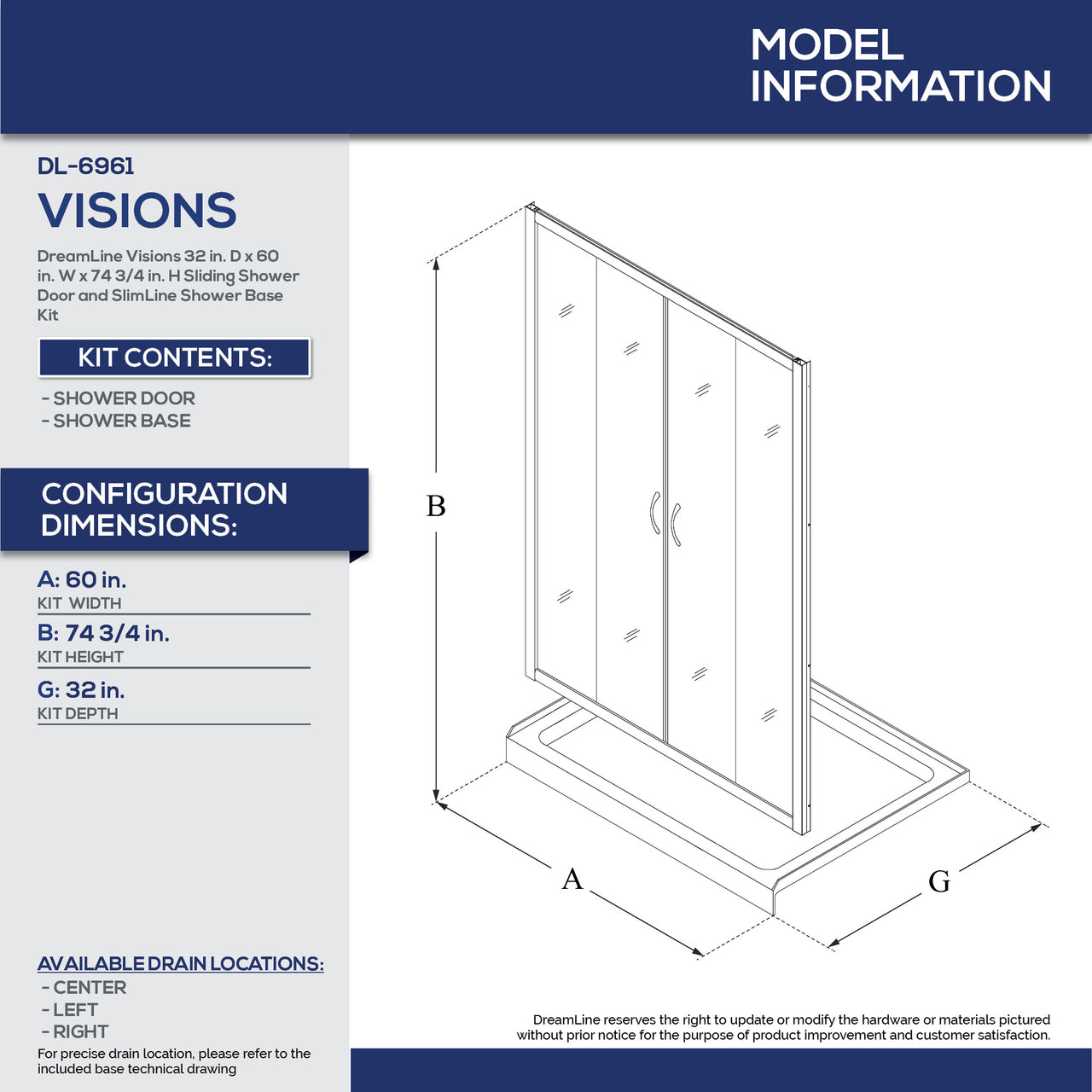 DreamLine Visions 32 in. D x 60 in. W x 74 3/4 in. H Semi-Frameless Sliding Shower Door and SlimLine Shower Base Kit - BNGBath