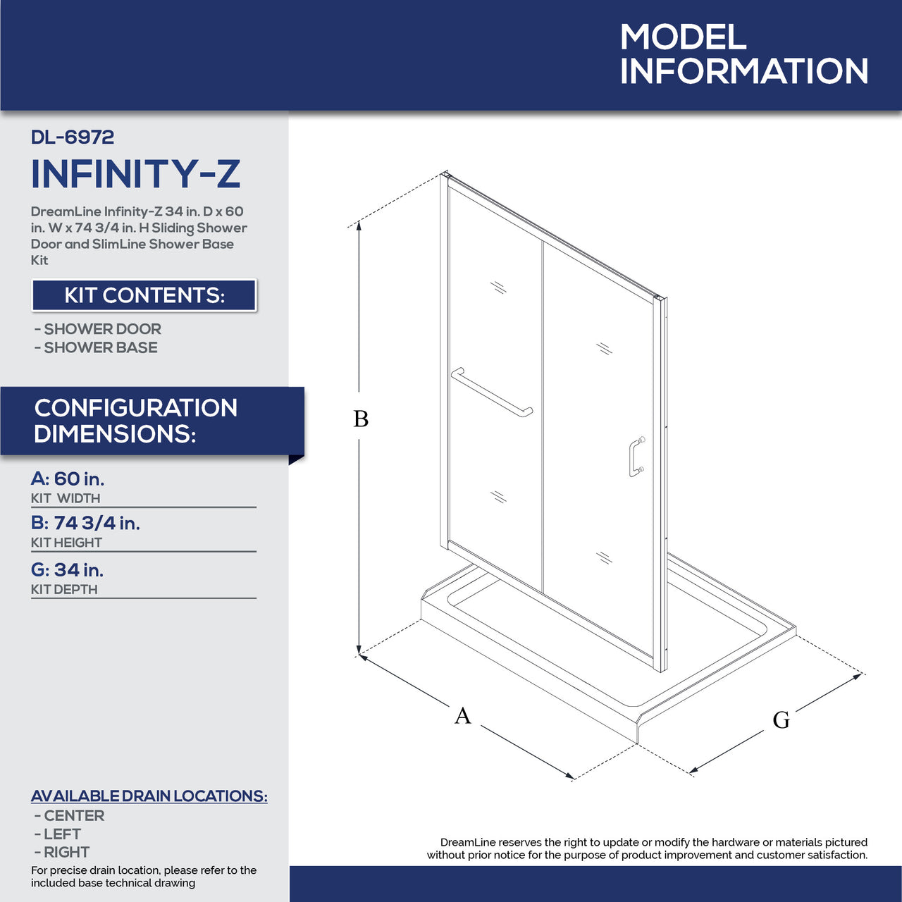 DreamLine Infinity-Z 34 in. D x 60 in. W x 74 3/4 in. H Semi-Frameless Sliding Shower Door and SlimLine Shower Base Kit, Clear Glass - BNGBath