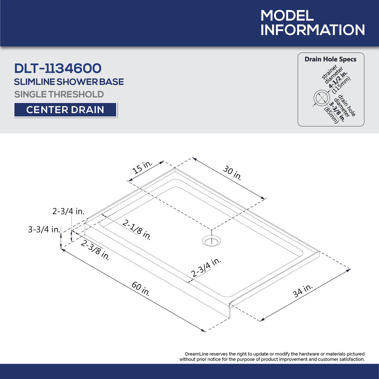 DreamLine 34 in. D x 60 in. W x 75 5/8 in. H SlimLine Single Threshold Shower Base and QWALL-3 Acrylic Backwall Kit - BNGBath