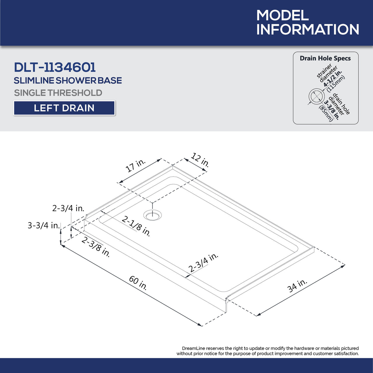 DreamLine 34 in. D x 60 in. W x 76 3/4 in. H SlimLine Single Threshold Shower Base and QWALL-5 Acrylic Backwall Kit - BNGBath