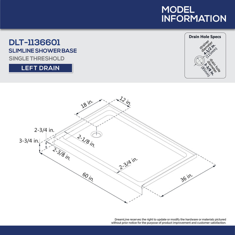 DreamLine 36 in. D x 60 in. W x 75 5/8 in. H SlimLine Single Threshold Shower Base and QWALL-3 Acrylic Backwall Kit - BNGBath