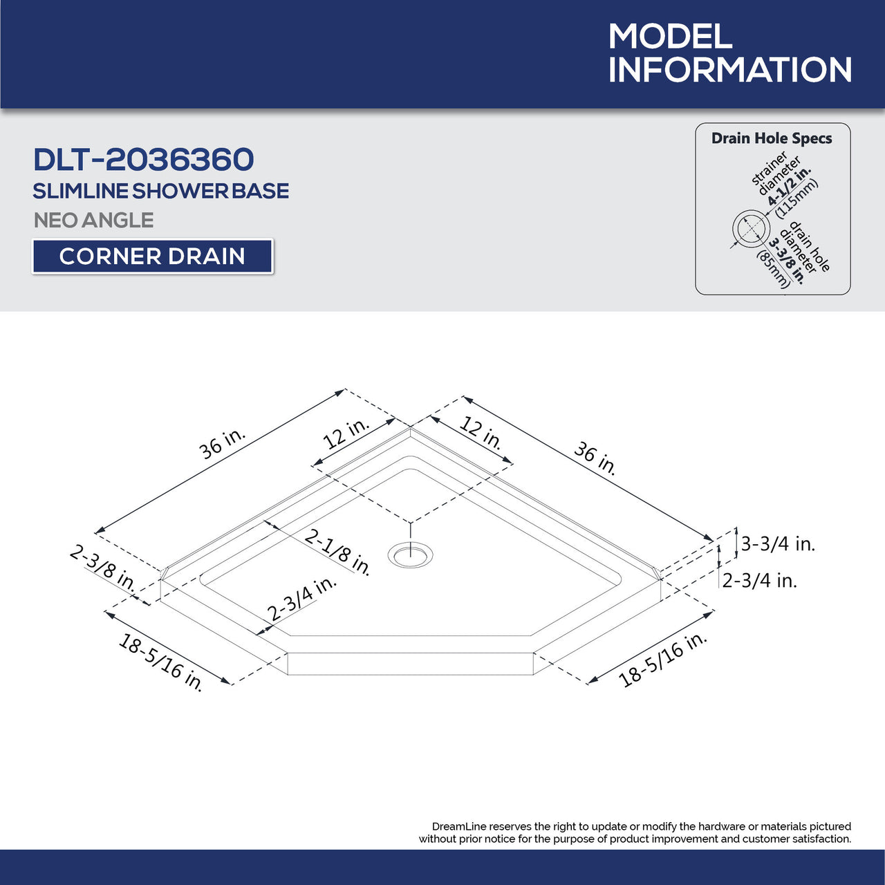 DreamLine 36 in. x 36 in. x 76 3/4 in. H SlimLine Neo-Angle Shower Base and QWALL-4 Acrylic Backwall Kit - BNGBath