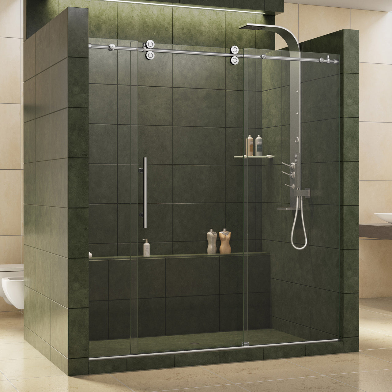 DreamLine Enigma 68-72 in. W x 79 in. H Fully Frameless Sliding Shower Door - BNGBath