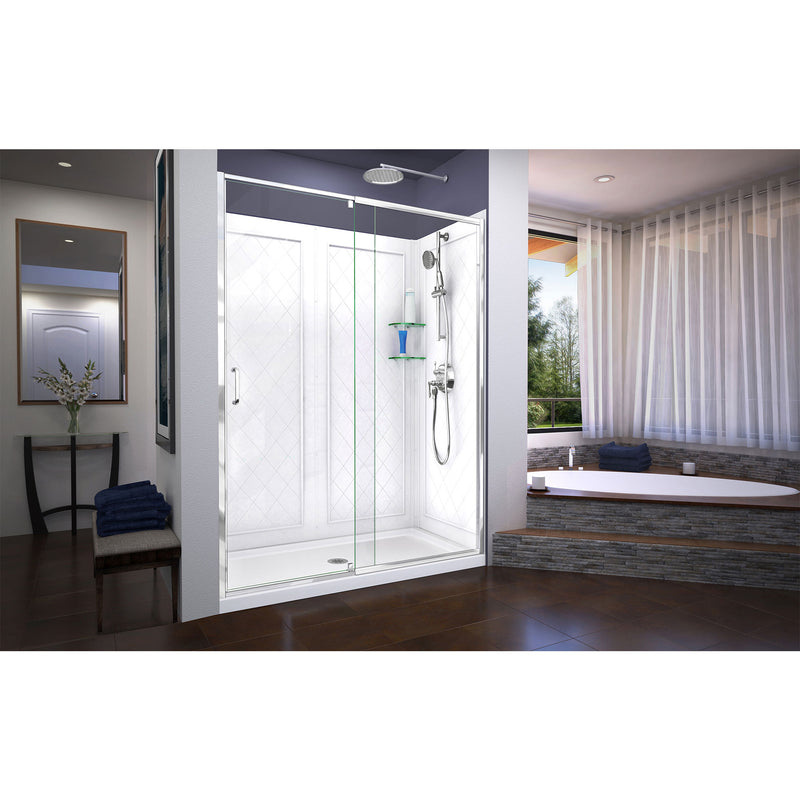 DreamLine Flex 30 in. D x 60 in. W x 76 3/4 in. H Semi-Frameless Pivot Shower Door, SlimLine Shower Base and Backwall Kit - BNGBath
