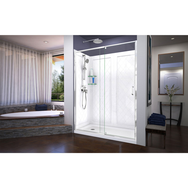 DreamLine Flex 34 in. D x 60 in. W x 76 3/4 in. H Semi-Frameless Pivot Shower Door, SlimLine Shower Base and Backwall Kit - BNGBath