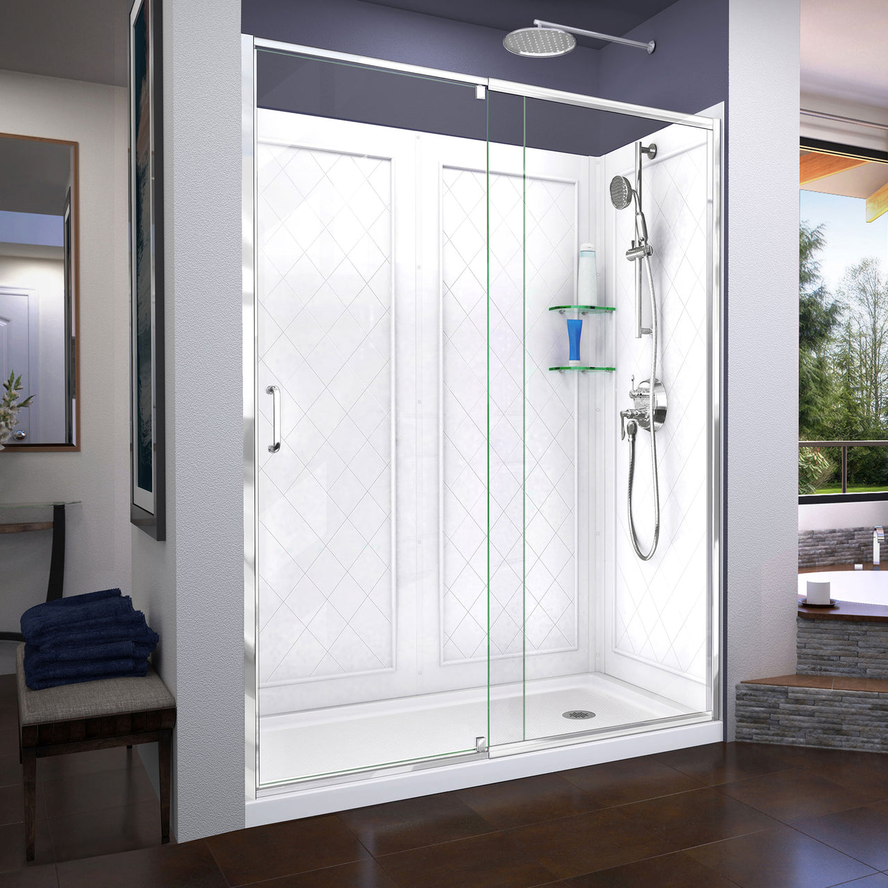 DreamLine Flex 32 in. D x 60 in. W x 76 3/4 in. H Semi-Frameless Pivot Shower Door, SlimLine Shower Base and Backwall Kit - BNGBath