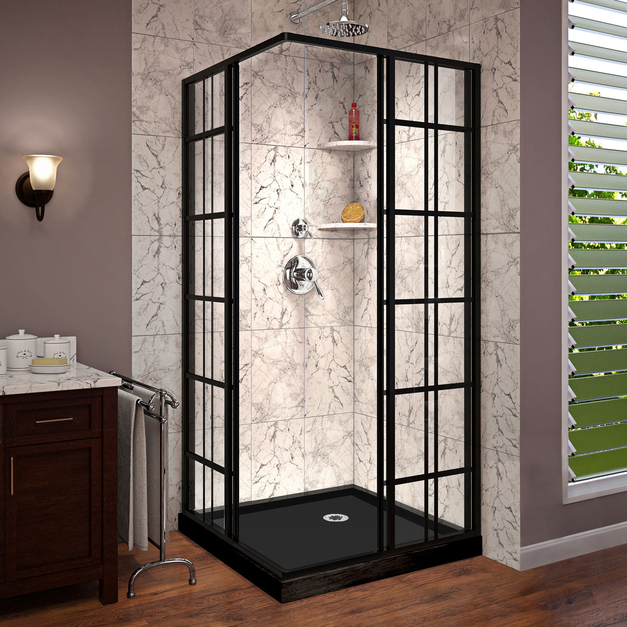 DreamLine French Corner 42 in. D x 42 in. W x 74 3/4 in. H Framed Sliding Shower Enclosure and Shower Base Kit - BNGBath