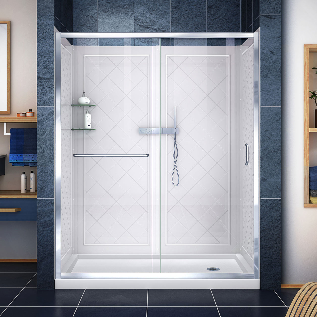 DreamLine Infinity-Z 36 in. D x 60 in. W x 76 3/4 in. H Semi-Frameless Sliding Shower Door, Shower Base and QWALL-5 Backwall Kit, Clear Glass - BNGBath