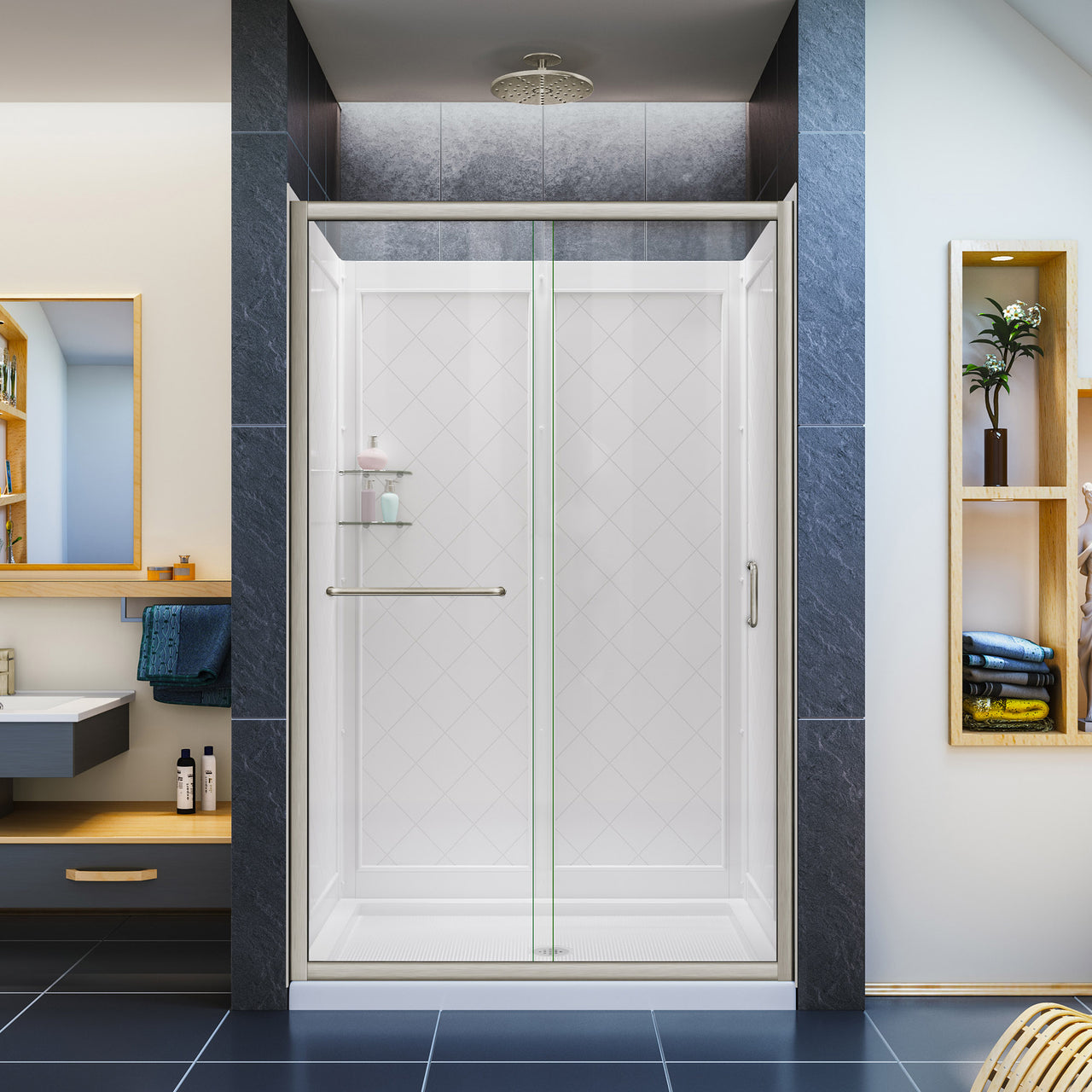 DreamLine Infinity-Z 36 in. D x 48 in. W x 76 3/4 in. H Semi-Frameless Sliding Shower Door, Shower Base and Q-WALL-5 Backwall Kit, Clear Glass - BNGBath
