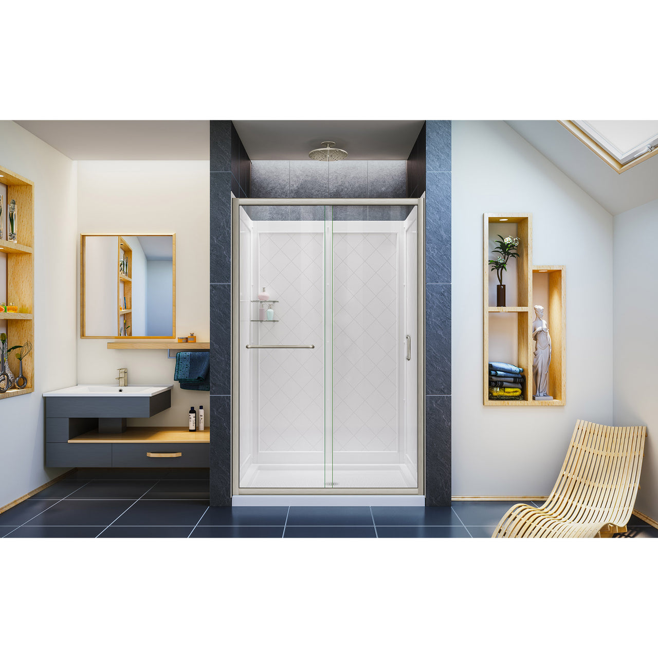 DreamLine Infinity-Z 36 in. D x 48 in. W x 76 3/4 in. H Semi-Frameless Sliding Shower Door, Shower Base and Q-WALL-5 Backwall Kit, Clear Glass - BNGBath