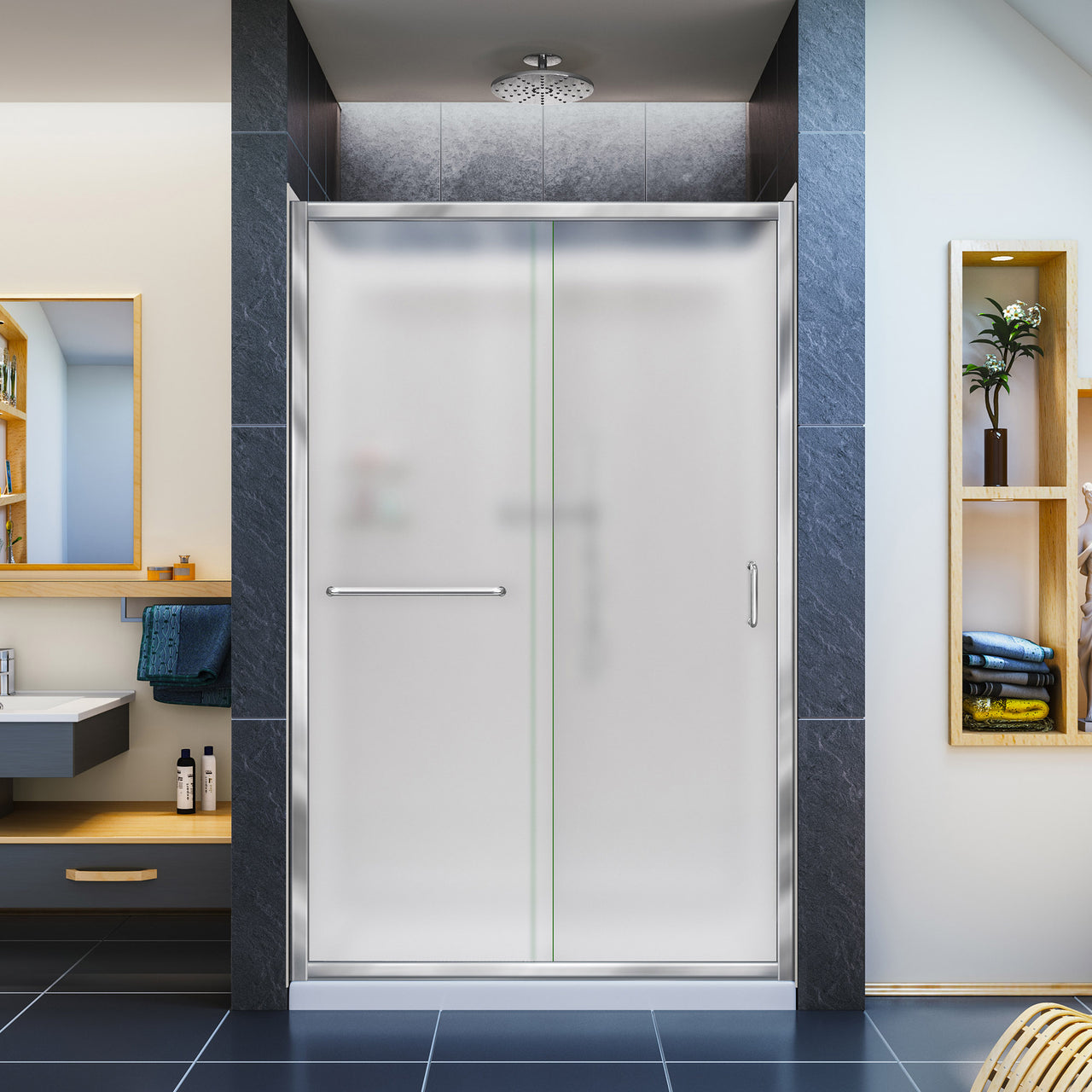 DreamLine Infinity-Z 36 in. D x 48 in. W x 76 3/4 in. H Semi-Frameless Sliding Shower Door, Shower Base and Q-WALL-5 Backwall Kit, Frosted Glass - BNGBath
