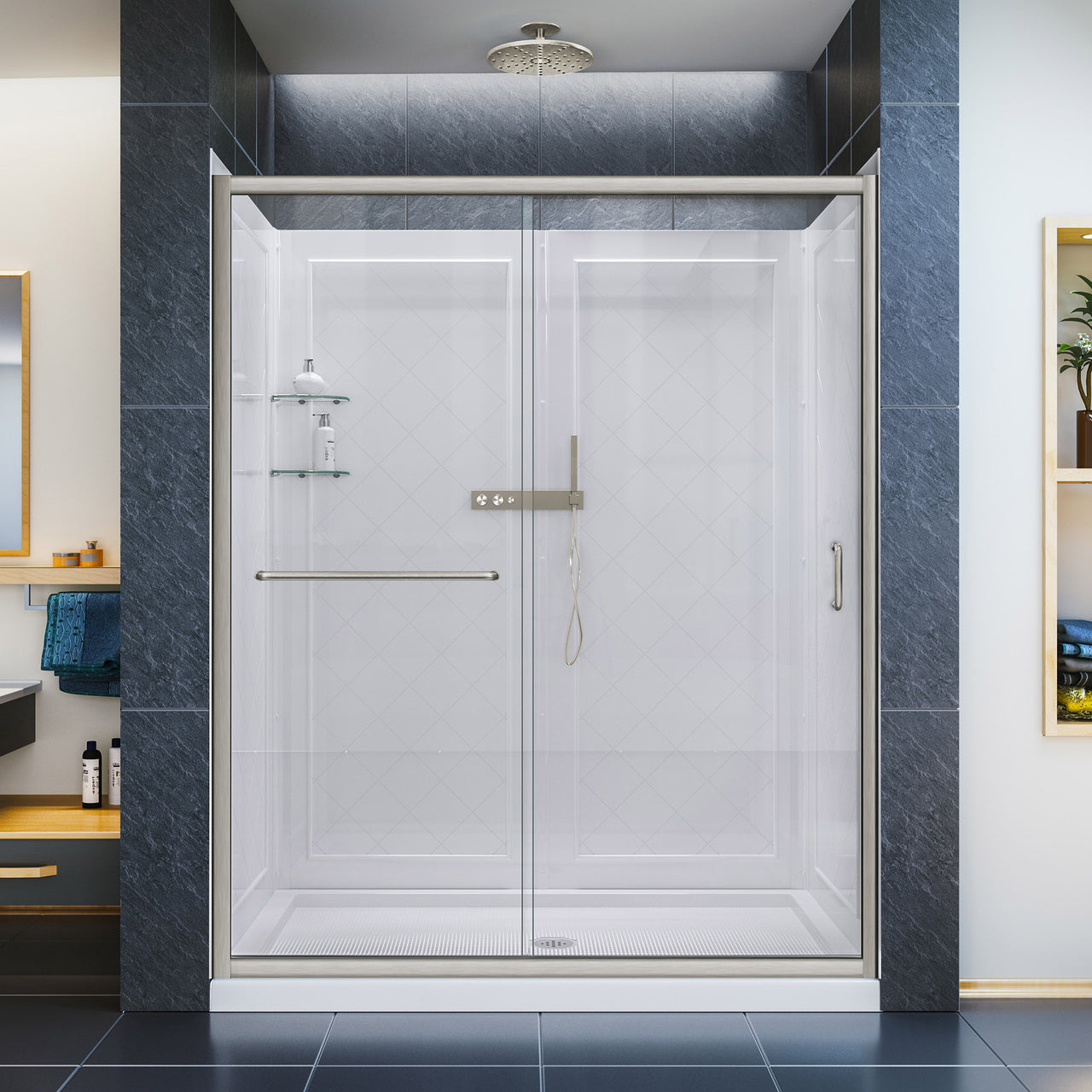 DreamLine Infinity-Z 34 in. D x 60 in. W x 76 3/4 in. H Semi-Frameless Sliding Shower Door, Shower Base and QWALL-5 Backwall Kit, Clear Glass - BNGBath