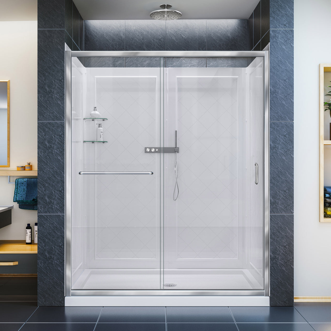 DreamLine Infinity-Z 32 in. D x 60 in. W x 76 3/4 in. H Semi-Frameless Sliding Shower Door, Shower Base and QWALL-5 Backwall Kit, Clear Glass - BNGBath