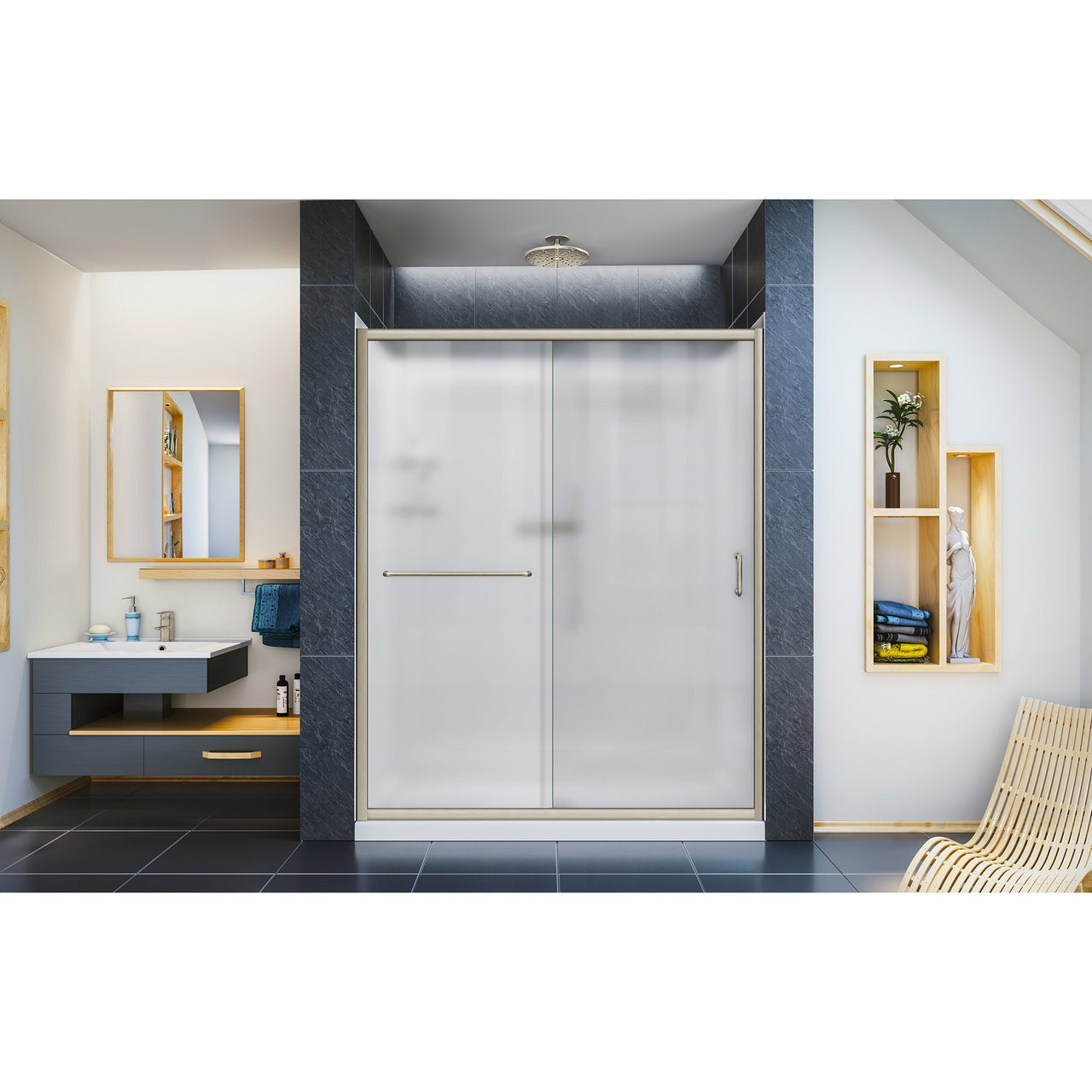 DreamLine Infinity-Z 36 in. D x 60 in. W x 76 3/4 in. H Semi-Frameless Sliding Shower Door, Shower Base and QWALL-5 Backwall Kit, Frosted Glass - BNGBath