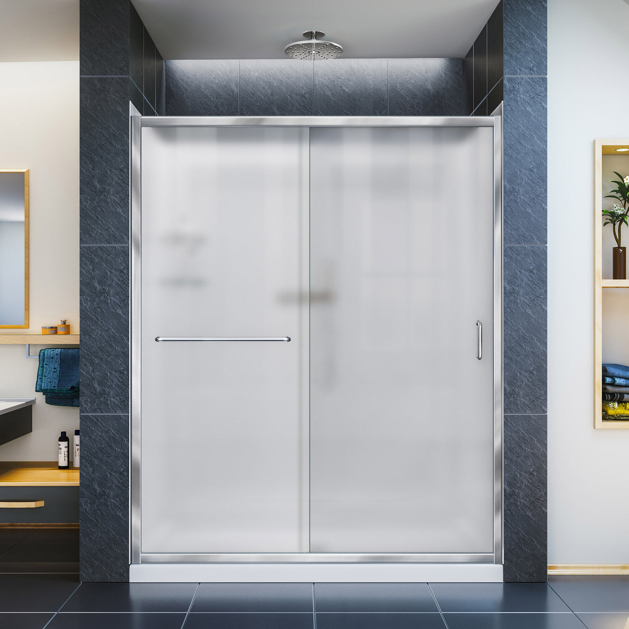 DreamLine Infinity-Z 32 in. D x 60 in. W x 76 3/4 in. H Semi-Frameless Sliding Shower Door, Shower Base and QWALL-5 Backwall Kit, Frosted Glass - BNGBath