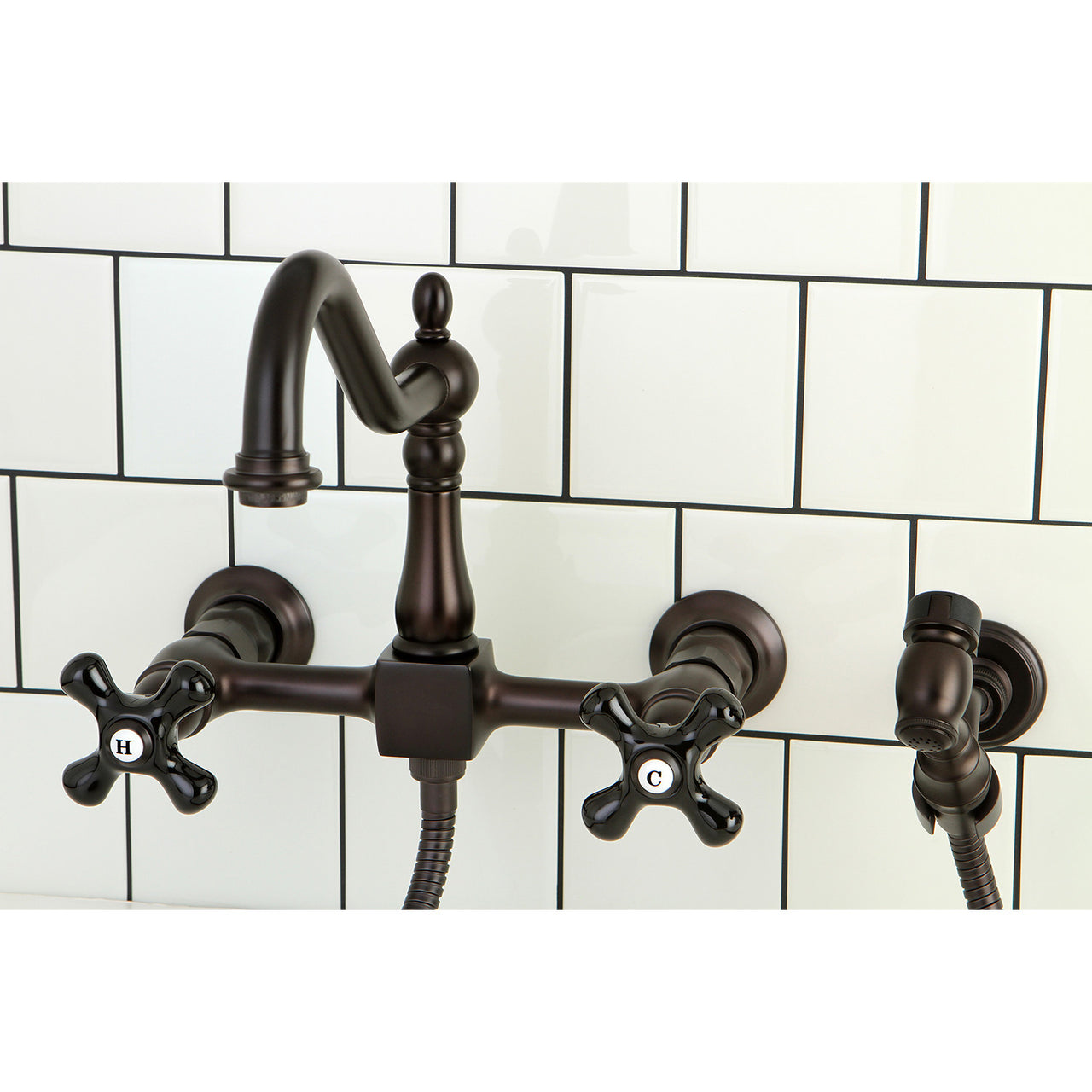 Kingston Brass KS1248PKXBS Duchess Wall Mount Bridge Kitchen Faucet with Brass Sprayer - BNGBath