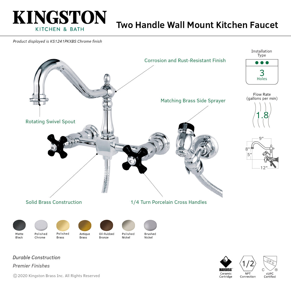Kingston Brass KS1248PKXBS Duchess Wall Mount Bridge Kitchen Faucet with Brass Sprayer - BNGBath