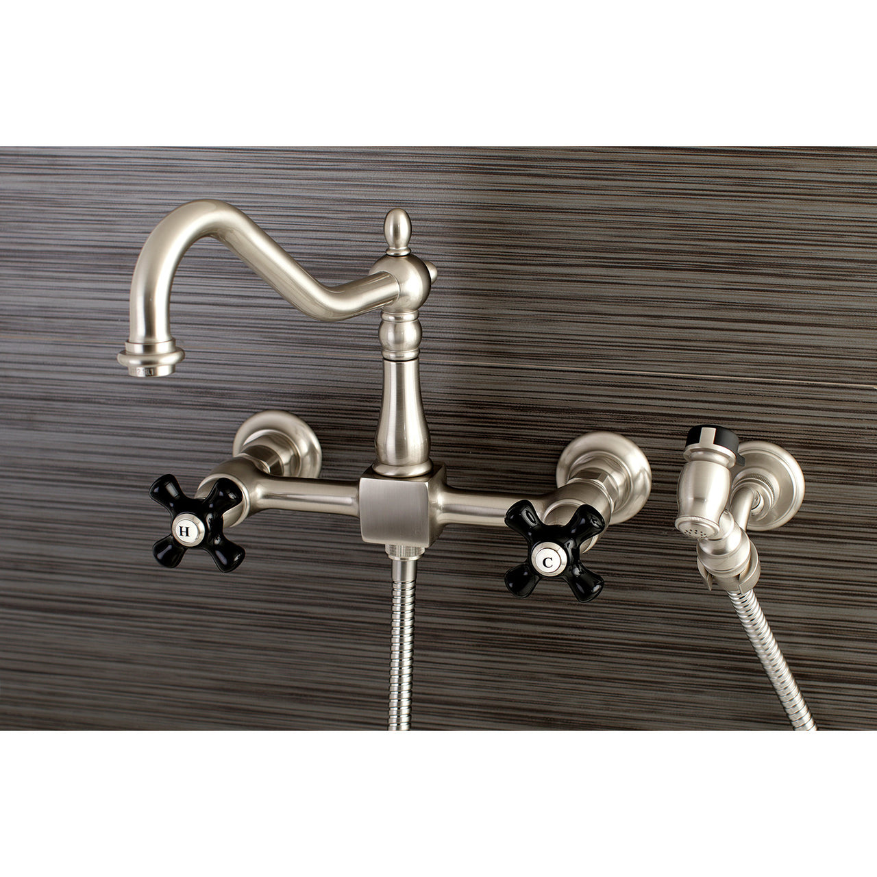 Kingston Brass KS1248PKXBS Duchess Wall Mount Bridge Kitchen Faucet with Brass Sprayer - BNGBath