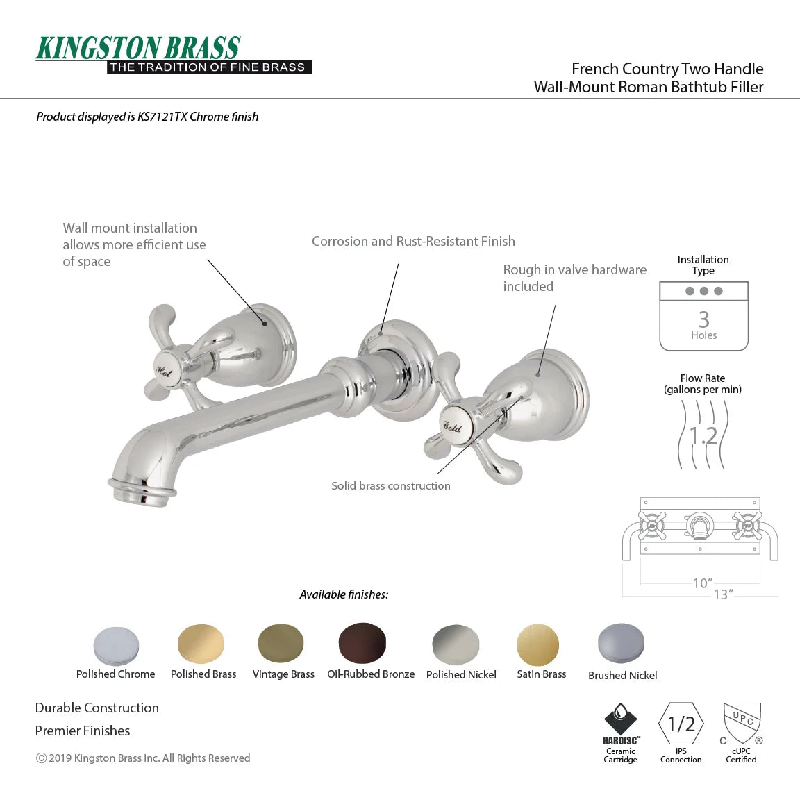 Kingston Brass KS7122TX 8-Inch Center Wall Mount Bathroom Faucet, Polished Brass - BNGBath