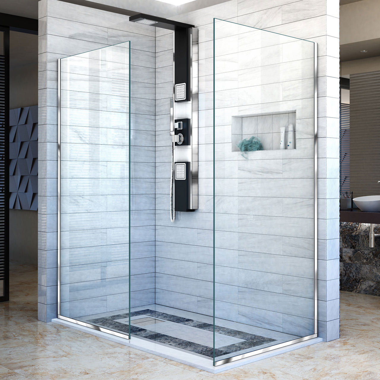 DreamLine Linea Two Individual Frameless Shower Screens 34 in. W x 72 in. H each, Open Entry Design - BNGBath