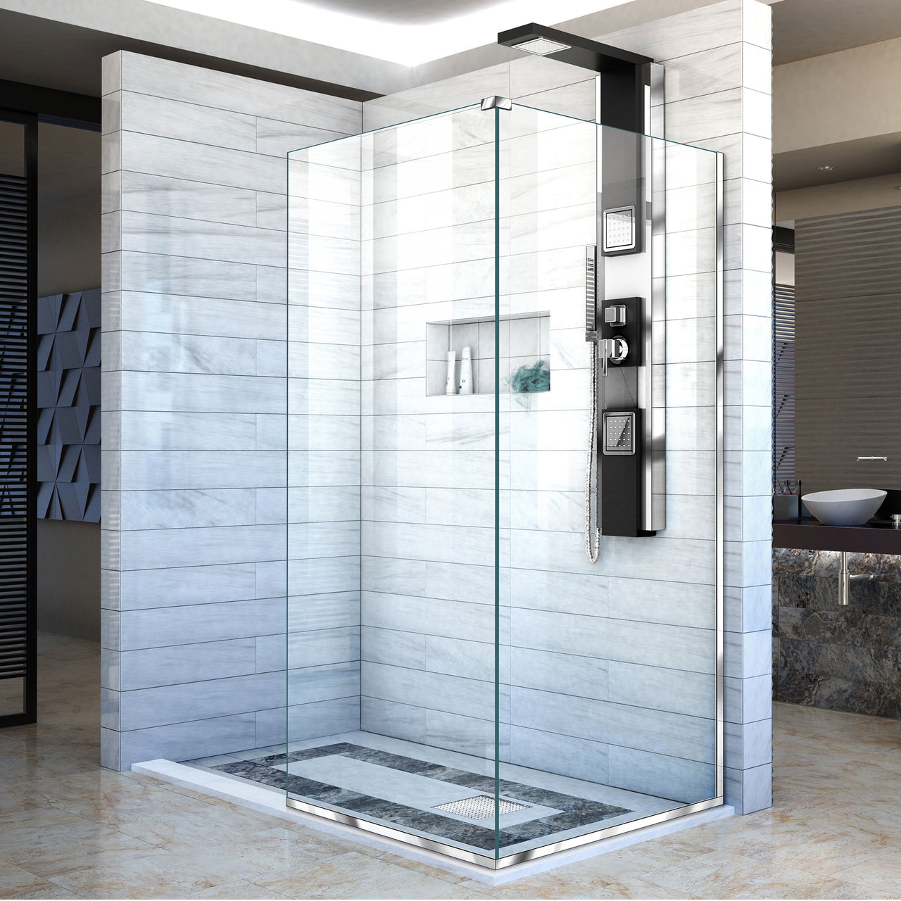 DreamLine Linea Two Adjacent Frameless Shower Screens 34 in. and 30 in. W x 72 in. H, Open Entry Design - BNGBath