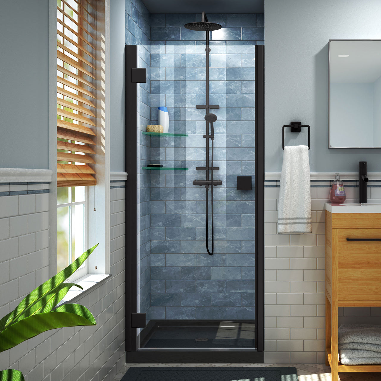 DreamLine Lumen 36 in. D x 36 in. W by 74 3/4 in. H Hinged Shower Door and Base Kit - BNGBath