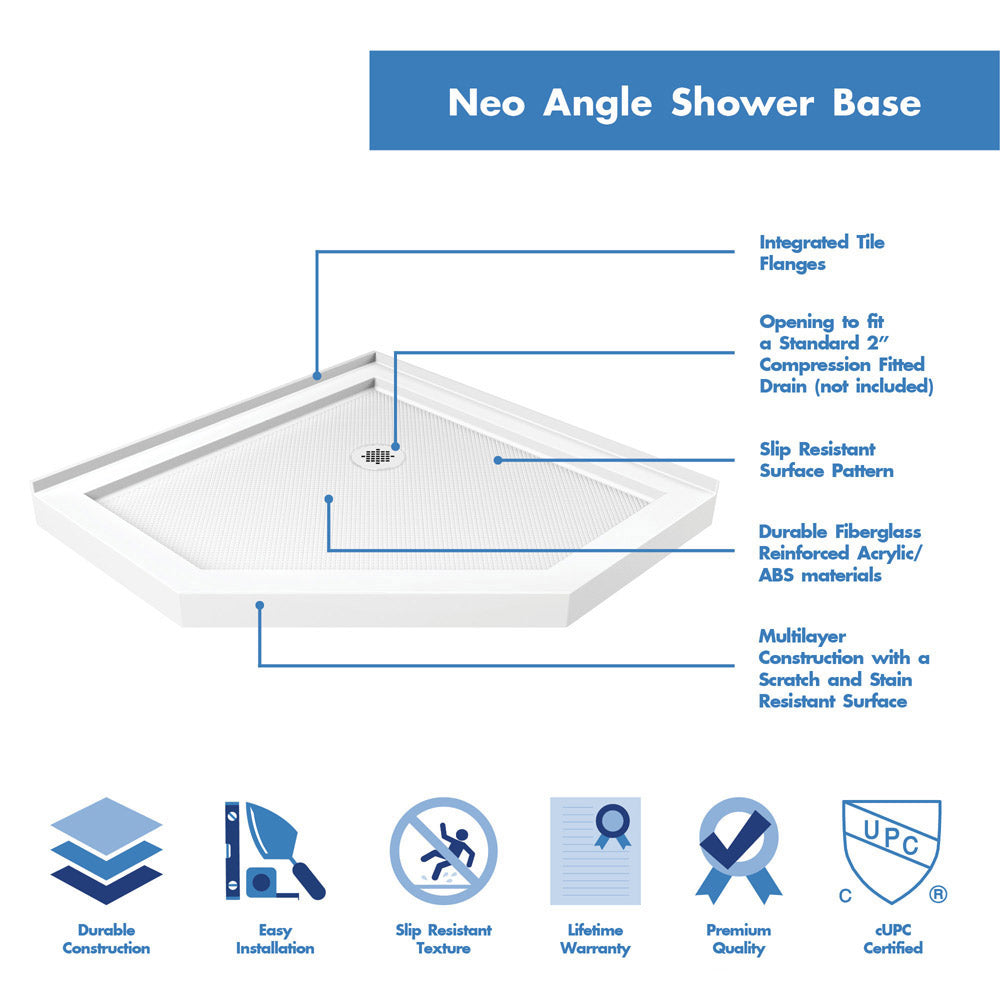 DreamLine 38 in. x 38 in. x 75 5/8 in. H SlimLine Neo-Angle Shower Base and QWALL-2 Acrylic Backwall Kit - BNGBath