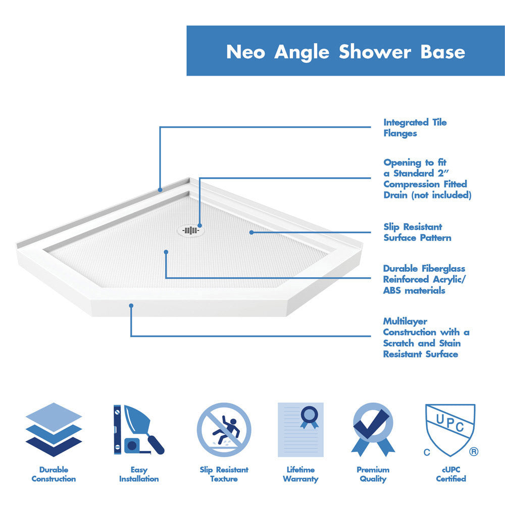 DreamLine 40 in. x 40 in. x 75 5/8 in. H SlimLine Neo-Angle Shower Base and QWALL-2 Acrylic Backwall Kit - BNGBath